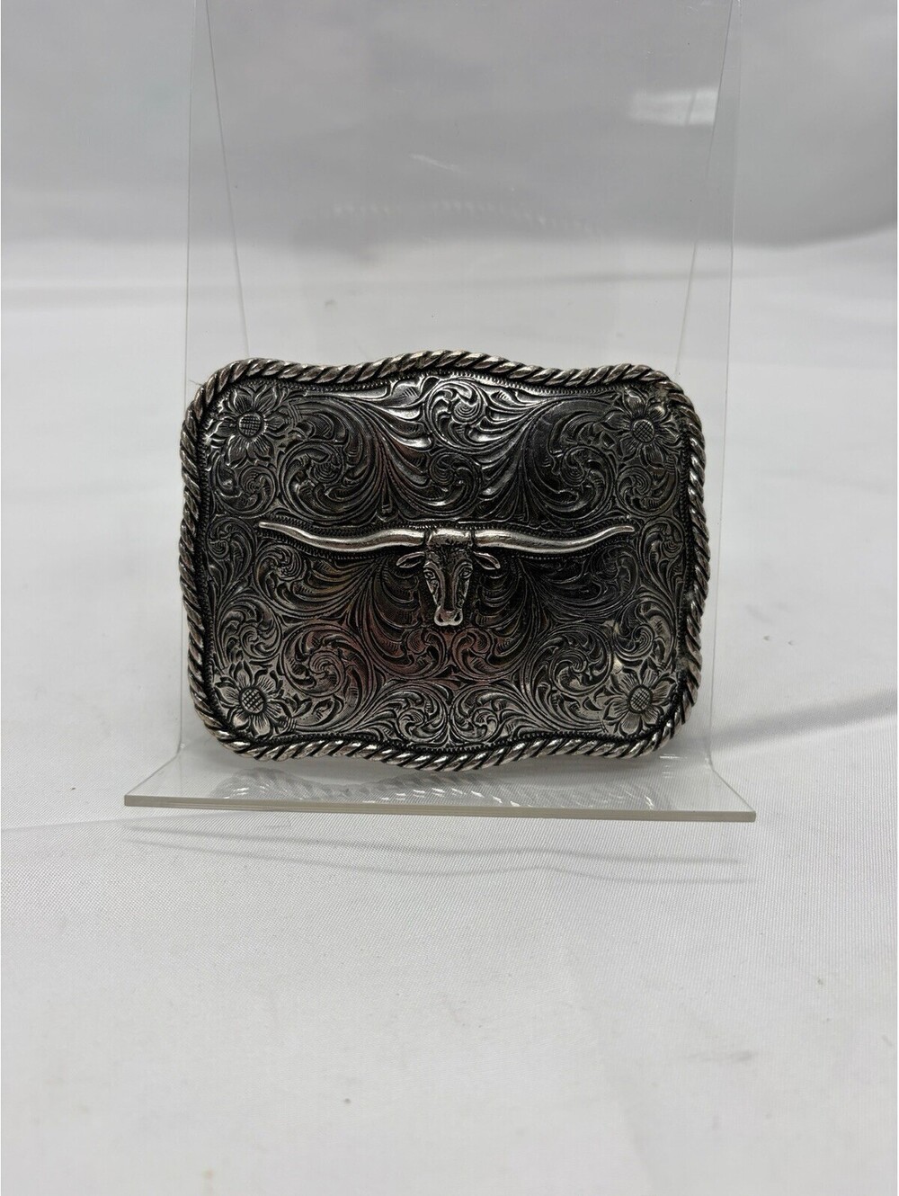 Longhorn Belt Buckle Silver Floral Western Cowboy Rodeo Engraved Tooled Ranch